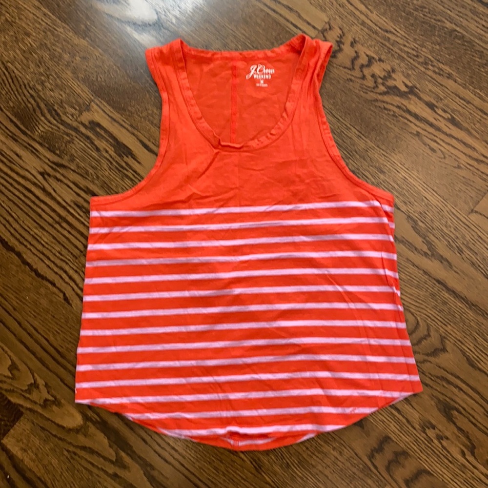 J. Crew Weekend Cotton Racerback SleevelessT-shirt. Orange w Pink stripes. Med
